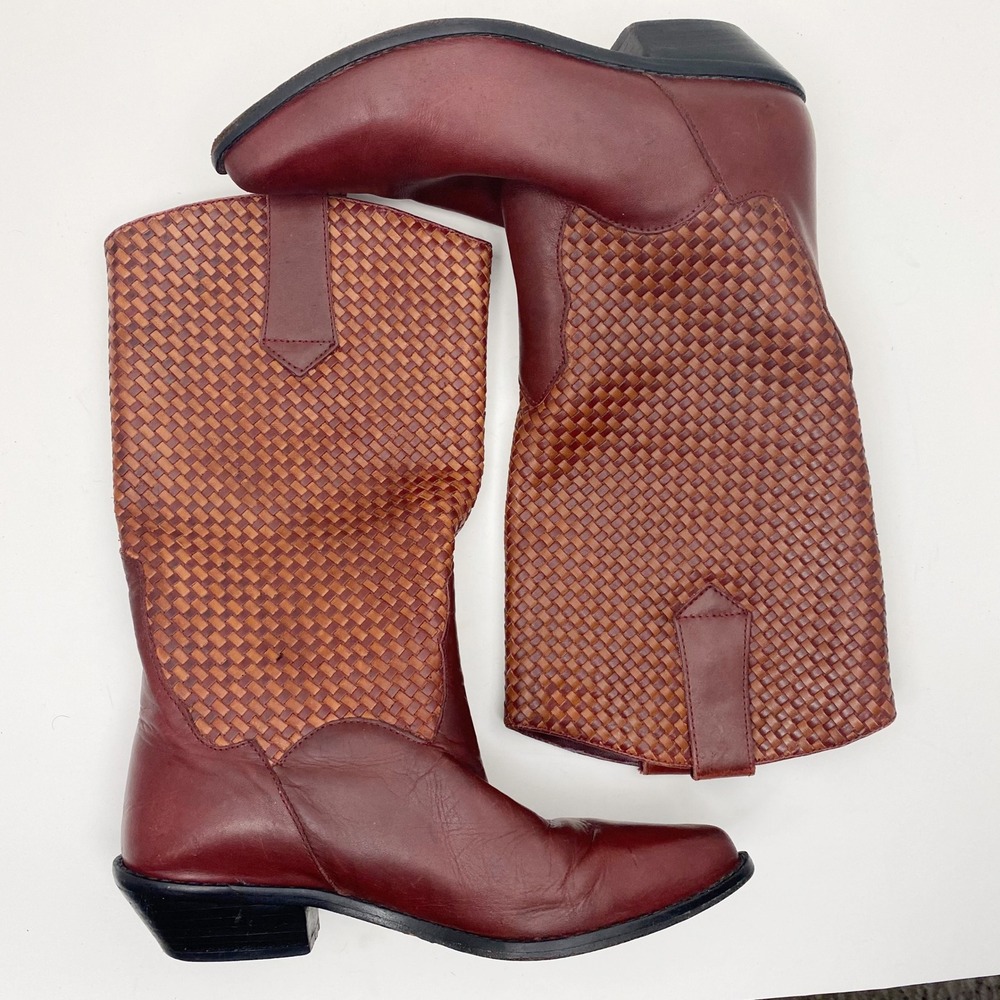 Woven Leather Western Boots - Brown